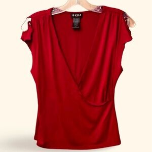 Vintage | Y2K |  BCBG Paris | Deep Red |  Faux Wrap Top w/ Flutter Sleeve
